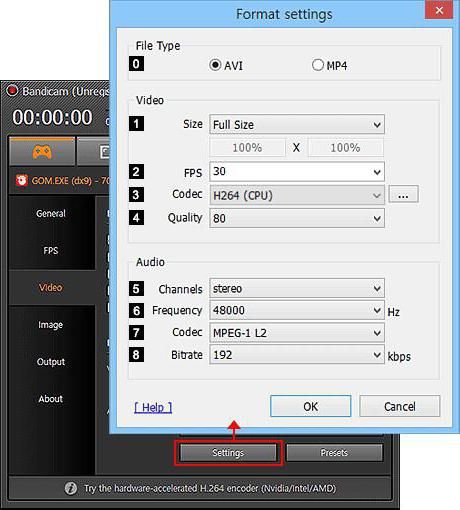 Bandicam: setările programului